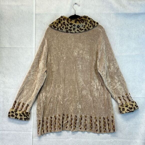STORYBOOK KNITS Cardigan Sweater Women's 2X Tan Faux Fur Animal Print Trim - Picture 9 of 13